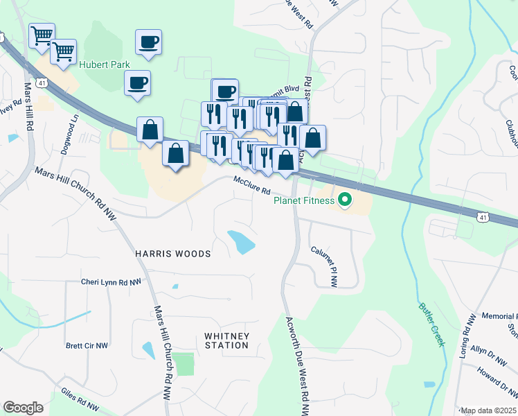 map of restaurants, bars, coffee shops, grocery stores, and more near 3186 Sail Winds Drive Northwest in Acworth