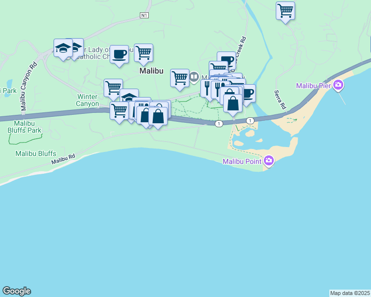 map of restaurants, bars, coffee shops, grocery stores, and more near 23618 Malibu Colony Road in Malibu