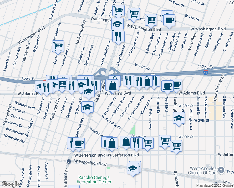 map of restaurants, bars, coffee shops, grocery stores, and more near South West View Street in Los Angeles