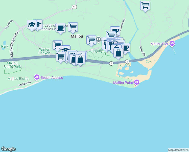 map of restaurants, bars, coffee shops, grocery stores, and more near 23608 Malibu Colony Road in Malibu