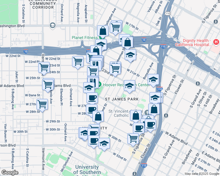 map of restaurants, bars, coffee shops, grocery stores, and more near 2352 Portland Street in Los Angeles