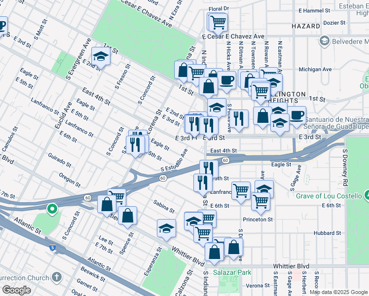 map of restaurants, bars, coffee shops, grocery stores, and more near 3496 East 4th Street in Los Angeles