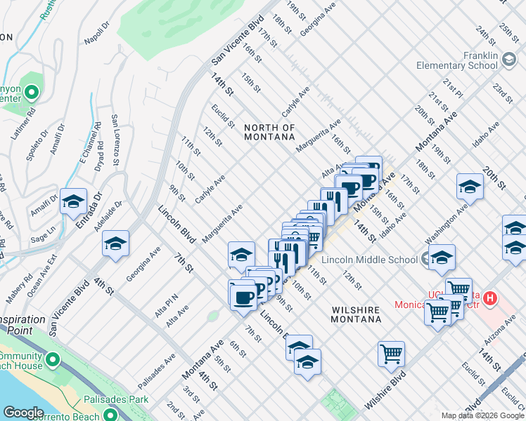 map of restaurants, bars, coffee shops, grocery stores, and more near 531 11th Street in Santa Monica