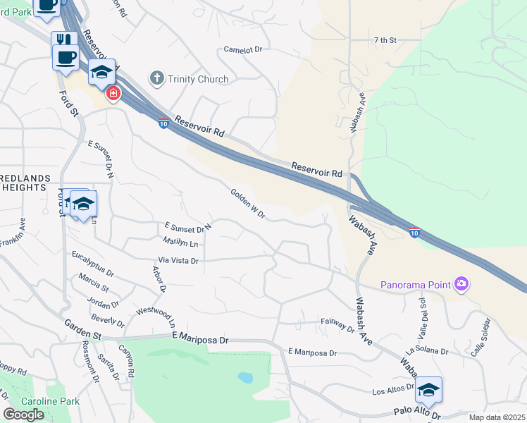 map of restaurants, bars, coffee shops, grocery stores, and more near 630 Golden West Drive in Redlands