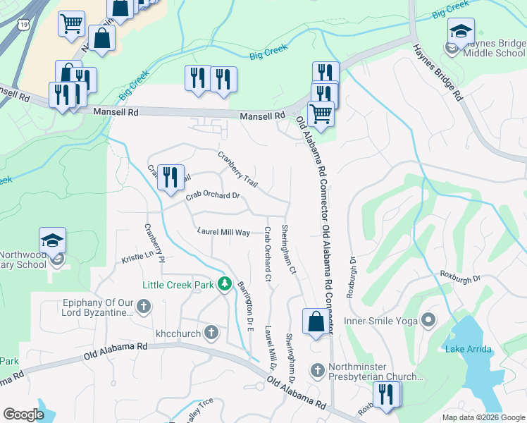 map of restaurants, bars, coffee shops, grocery stores, and more near 655 Crab Orchard Drive in Roswell