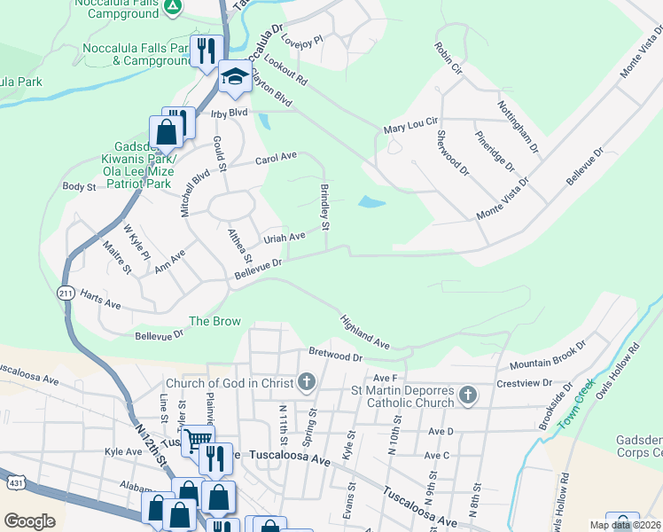 map of restaurants, bars, coffee shops, grocery stores, and more near 615 Bellevue Drive in Gadsden