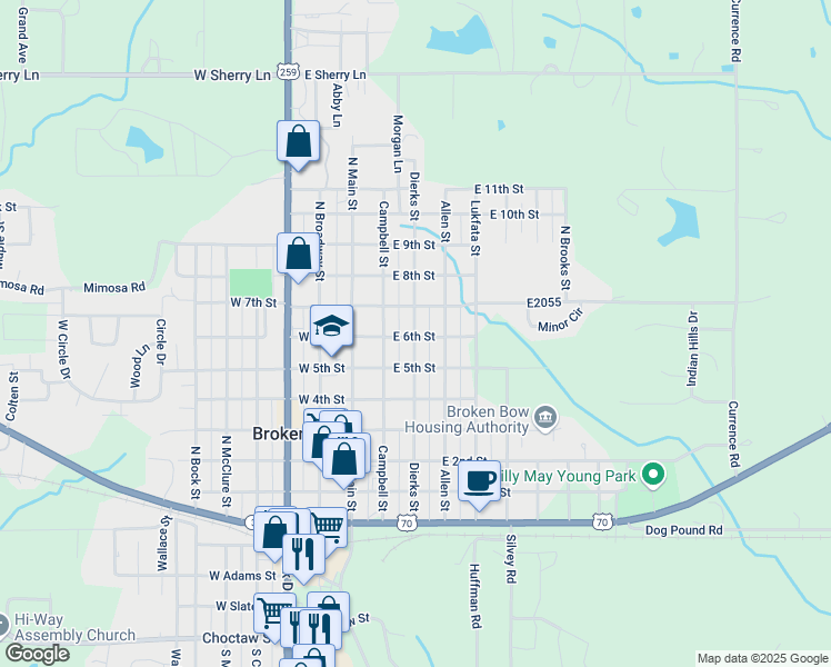 map of restaurants, bars, coffee shops, grocery stores, and more near 507 Allen Street in Broken Bow