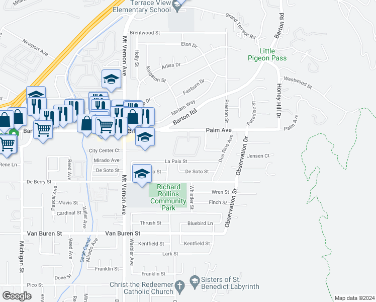map of restaurants, bars, coffee shops, grocery stores, and more near 22745 Palm Avenue in Grand Terrace