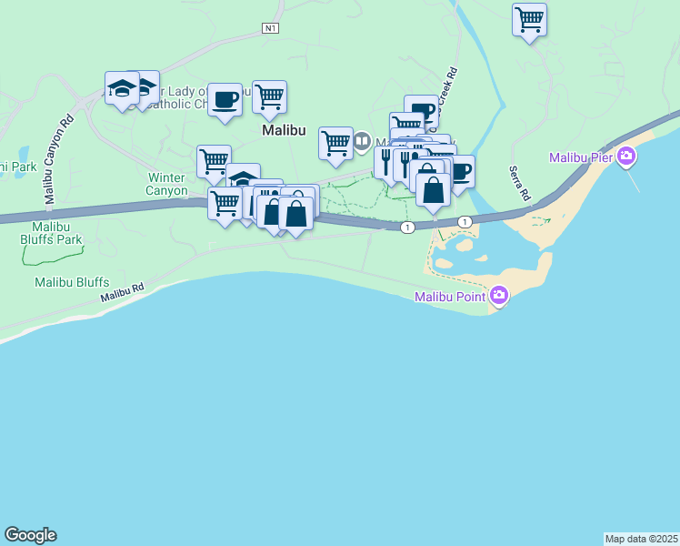 map of restaurants, bars, coffee shops, grocery stores, and more near 23626 Malibu Colony Road in Malibu