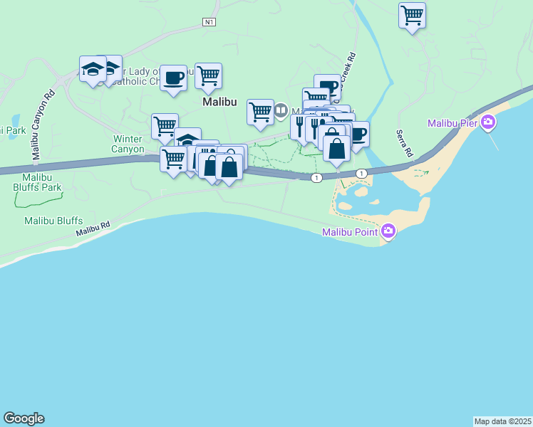 map of restaurants, bars, coffee shops, grocery stores, and more near 23620 Malibu Colony Road in Malibu