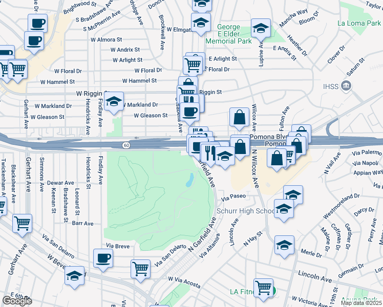 map of restaurants, bars, coffee shops, grocery stores, and more near 2921 Via Campo in Montebello