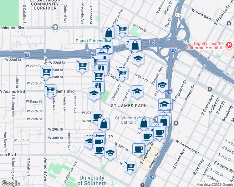map of restaurants, bars, coffee shops, grocery stores, and more near 2355 Scarff Street in Los Angeles