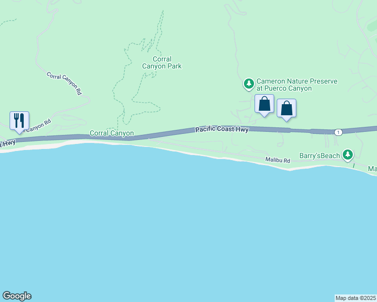 map of restaurants, bars, coffee shops, grocery stores, and more near 25360 Malibu Road in Malibu