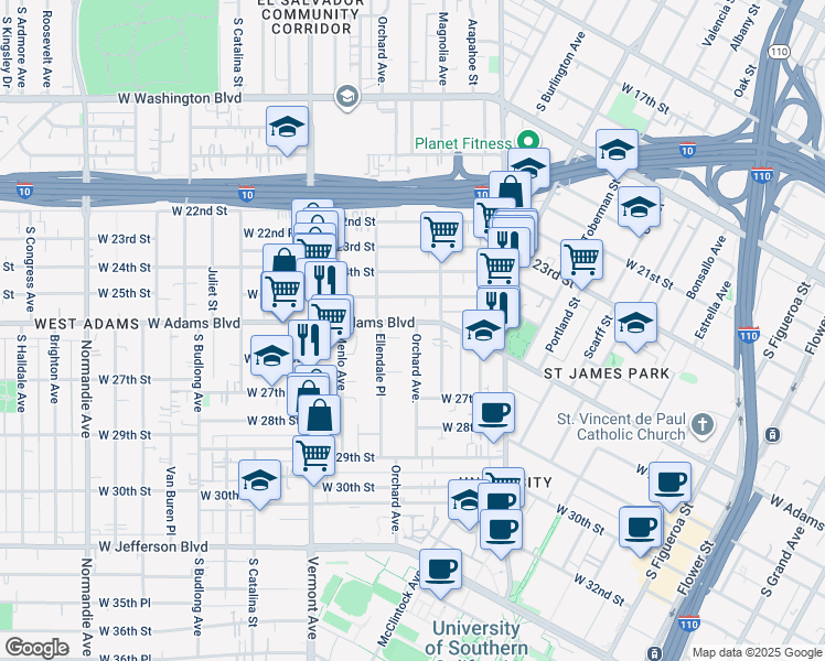 map of restaurants, bars, coffee shops, grocery stores, and more near 2622 Orchard Avenue in Los Angeles