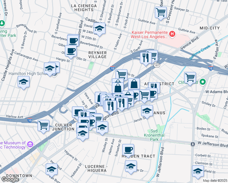 map of restaurants, bars, coffee shops, grocery stores, and more near 3203 South Sherbourne Drive in Los Angeles