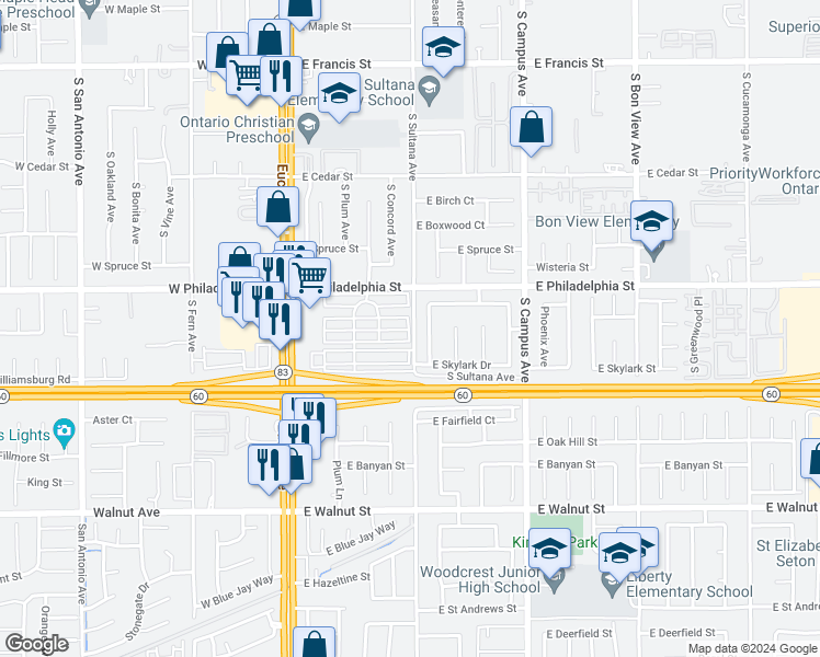 map of restaurants, bars, coffee shops, grocery stores, and more near 2300 South Sultana Avenue in Ontario