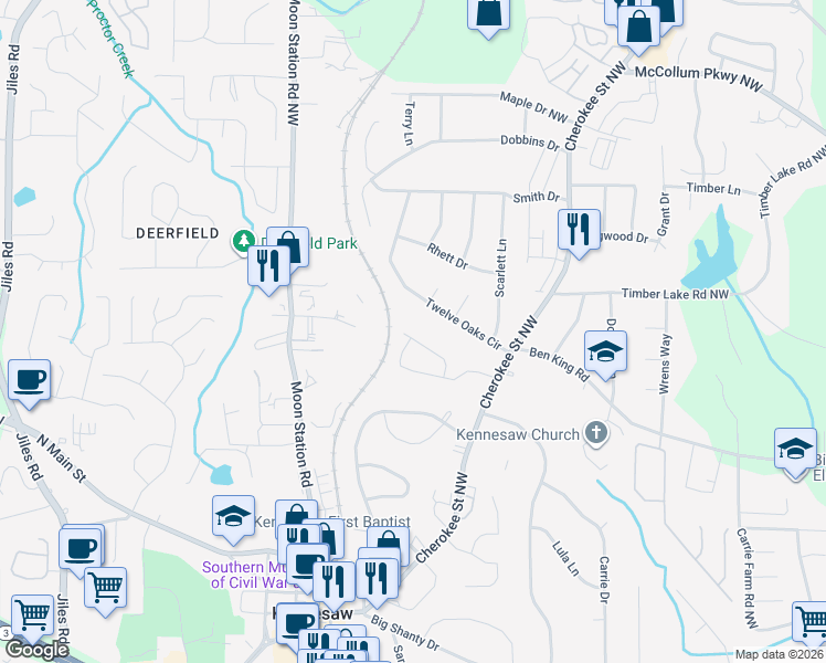 map of restaurants, bars, coffee shops, grocery stores, and more near 1075 Travelers Trail in Kennesaw