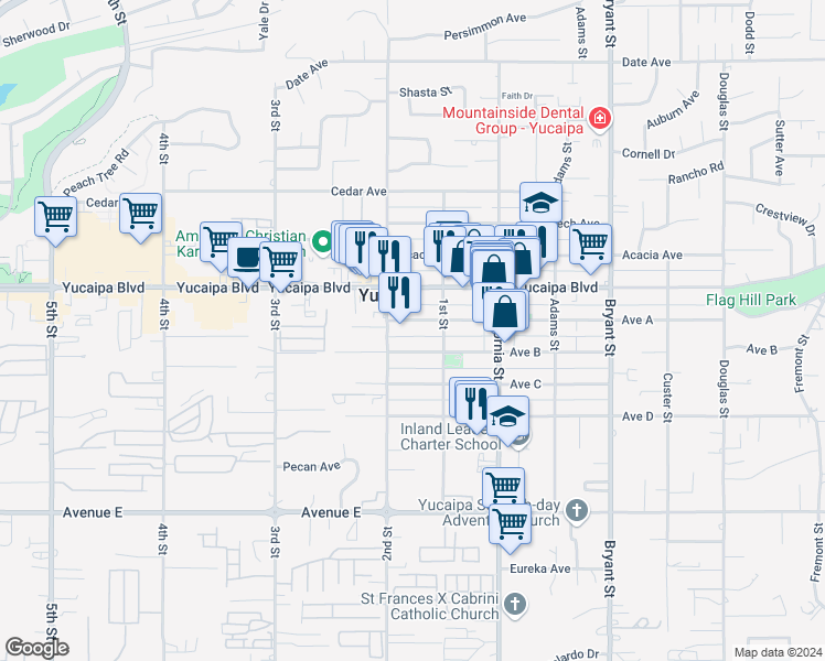 map of restaurants, bars, coffee shops, grocery stores, and more near 34956 Avenue B in Yucaipa