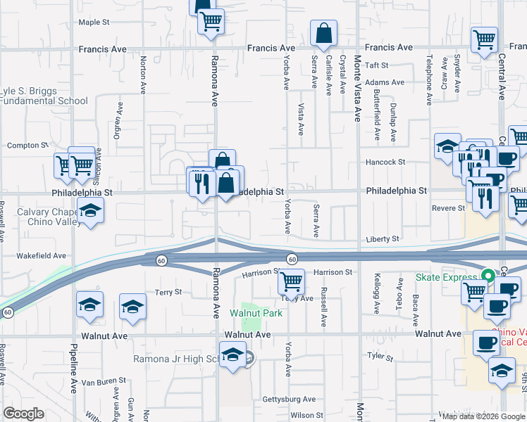map of restaurants, bars, coffee shops, grocery stores, and more near 4653 Lombardy Court in Chino