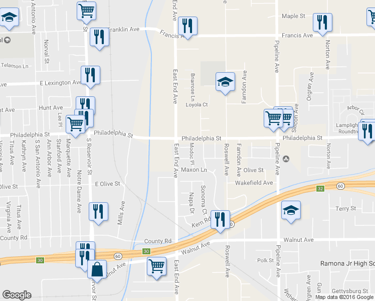 map of restaurants, bars, coffee shops, grocery stores, and more near 3741 Calaveras Court in Chino