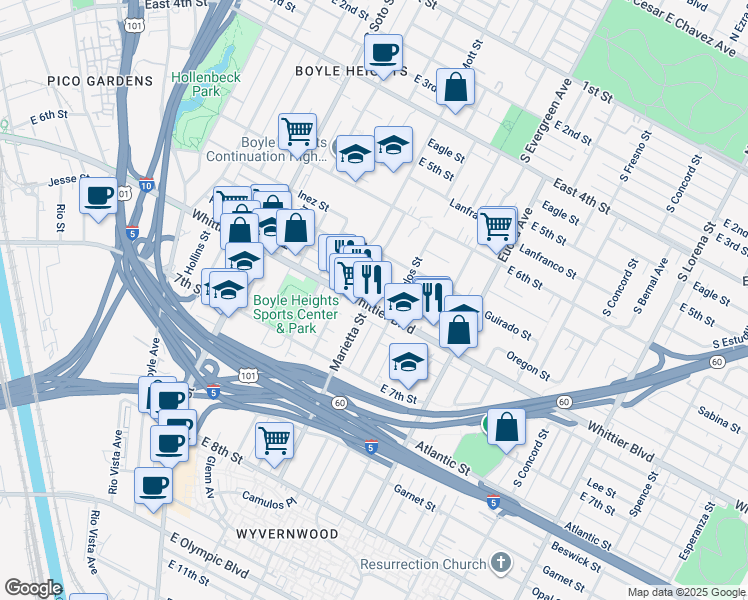 map of restaurants, bars, coffee shops, grocery stores, and more near 2750 Whittier Boulevard in Los Angeles