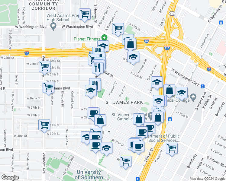 map of restaurants, bars, coffee shops, grocery stores, and more near 2355 Scarff Street in Los Angeles