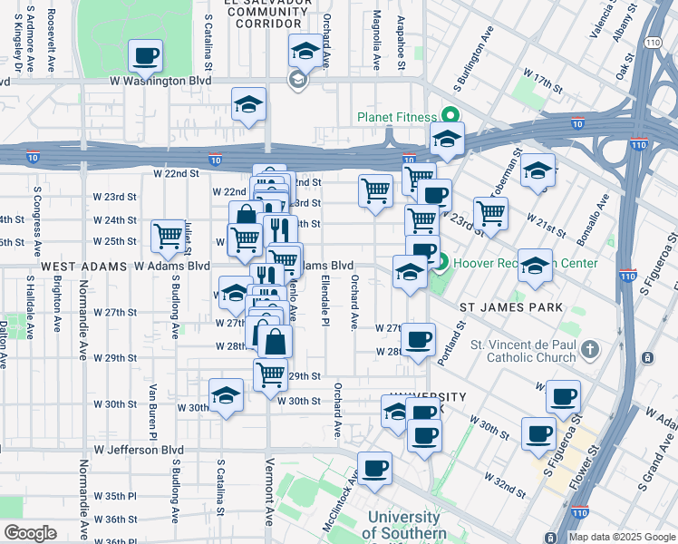 map of restaurants, bars, coffee shops, grocery stores, and more near 2620 Ellendale Place in Los Angeles