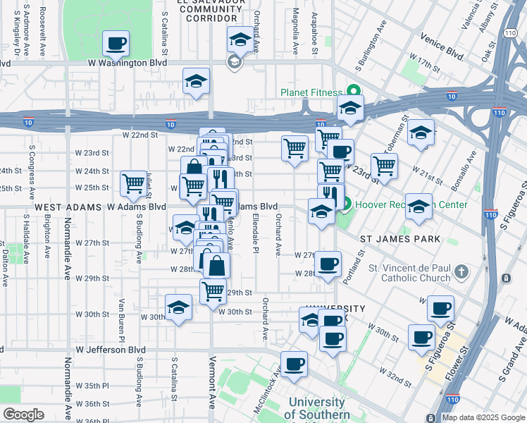 map of restaurants, bars, coffee shops, grocery stores, and more near 2620 Ellendale Place in Los Angeles