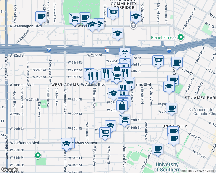 map of restaurants, bars, coffee shops, grocery stores, and more near 2623 South Catalina Street in Los Angeles