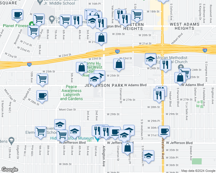 map of restaurants, bars, coffee shops, grocery stores, and more near 2273 West 26th Place in Los Angeles