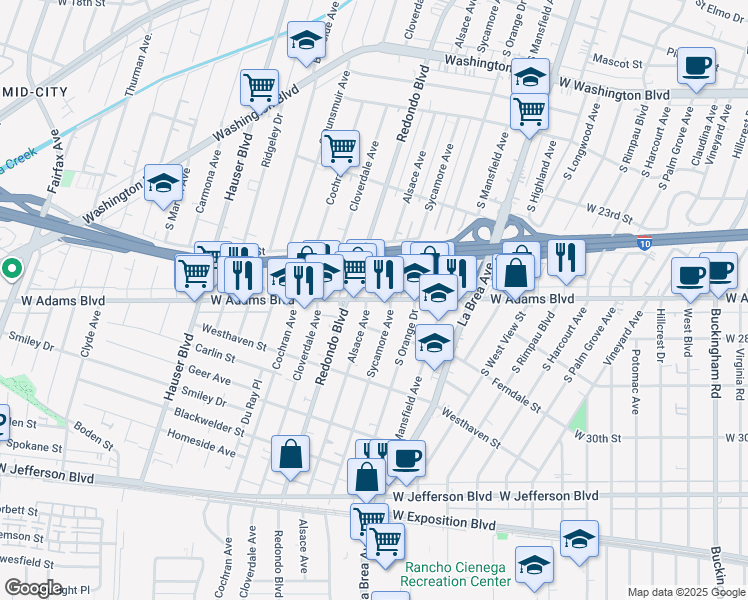 map of restaurants, bars, coffee shops, grocery stores, and more near 2605 South Sycamore Avenue in Los Angeles