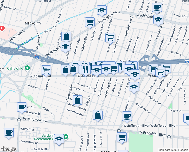 map of restaurants, bars, coffee shops, grocery stores, and more near 2617 South Cochran Avenue in Los Angeles