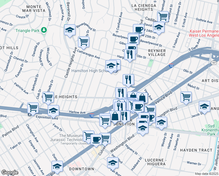 map of restaurants, bars, coffee shops, grocery stores, and more near 3119 Livonia Avenue in Los Angeles