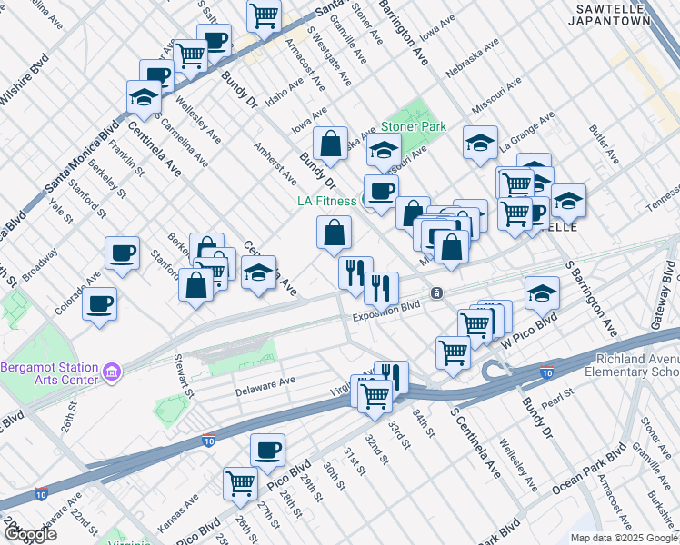 map of restaurants, bars, coffee shops, grocery stores, and more near in Los Angeles