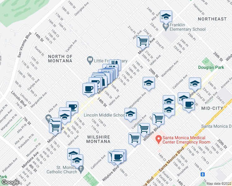 map of restaurants, bars, coffee shops, grocery stores, and more near 1505 Idaho Avenue in Santa Monica