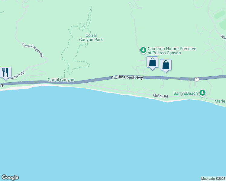map of restaurants, bars, coffee shops, grocery stores, and more near 25316 Malibu Road in Malibu