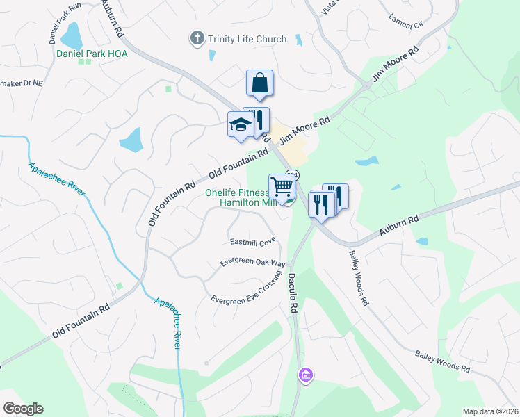 map of restaurants, bars, coffee shops, grocery stores, and more near 3030 Evergreen Eve Crossing in Dacula