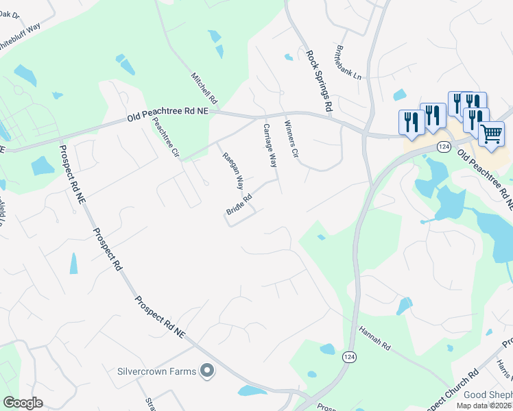 map of restaurants, bars, coffee shops, grocery stores, and more near 1698 Bridle Road in Lawrenceville