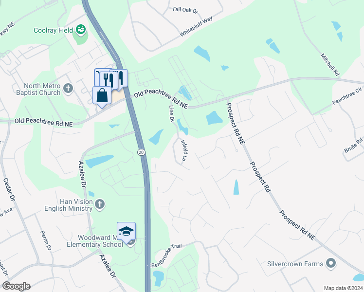 map of restaurants, bars, coffee shops, grocery stores, and more near 2352 Infield Lane in Lawrenceville