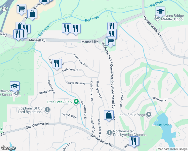 map of restaurants, bars, coffee shops, grocery stores, and more near 515 Sheringham Court in Roswell