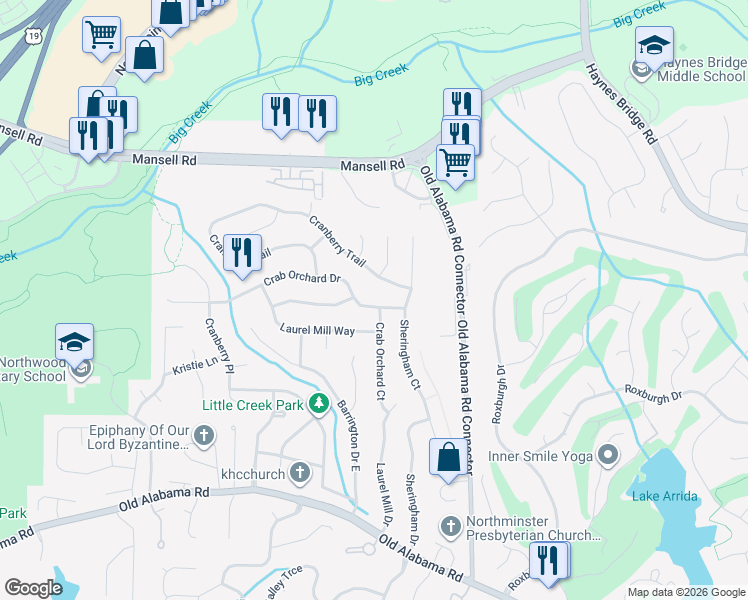 map of restaurants, bars, coffee shops, grocery stores, and more near 655 Crab Orchard Drive in Roswell
