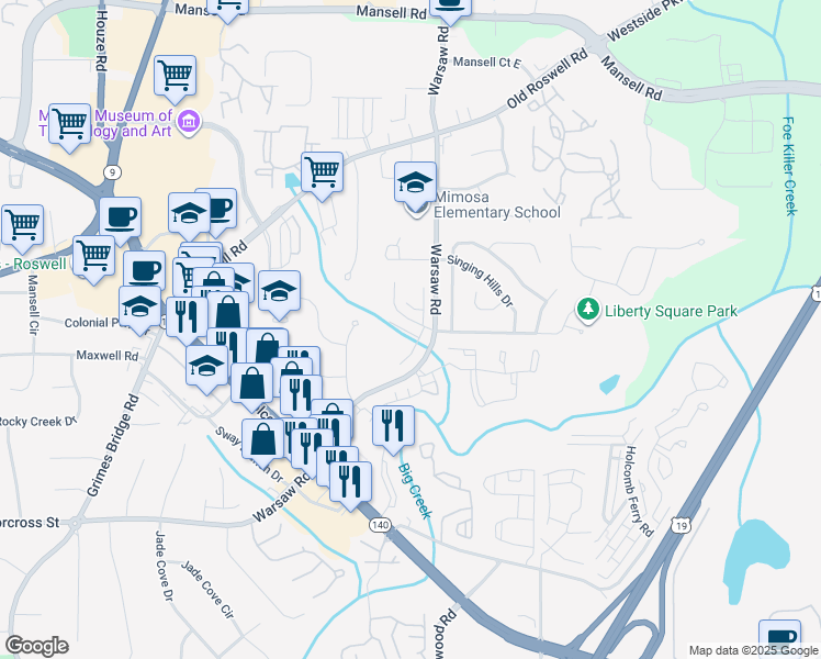 map of restaurants, bars, coffee shops, grocery stores, and more near 1274 Warsaw Road in Roswell