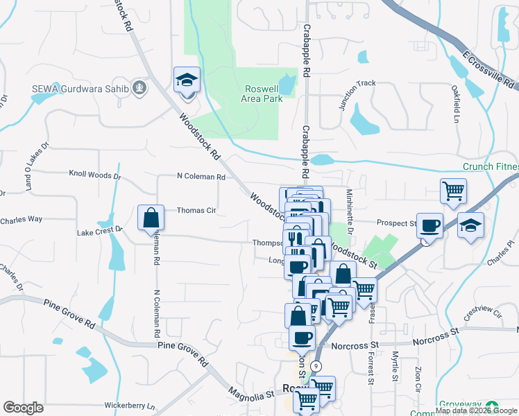 map of restaurants, bars, coffee shops, grocery stores, and more near 103 Nancy Trail in Roswell