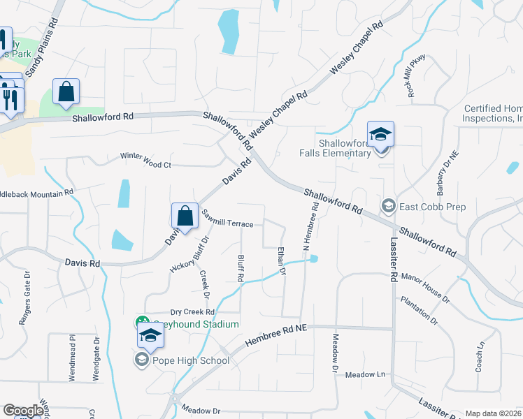 map of restaurants, bars, coffee shops, grocery stores, and more near 3341 Emory Drive in Marietta