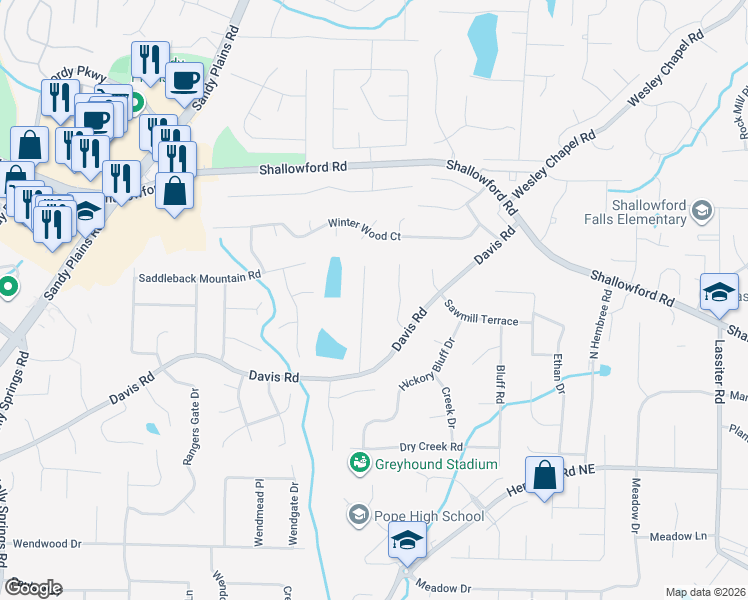 map of restaurants, bars, coffee shops, grocery stores, and more near 3315 Acorn Falls Drive in Marietta