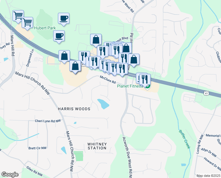 map of restaurants, bars, coffee shops, grocery stores, and more near 3186 Sail Winds Drive Northwest in Acworth