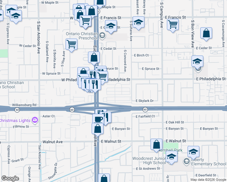 map of restaurants, bars, coffee shops, grocery stores, and more near 310 East Philadelphia Street in Ontario