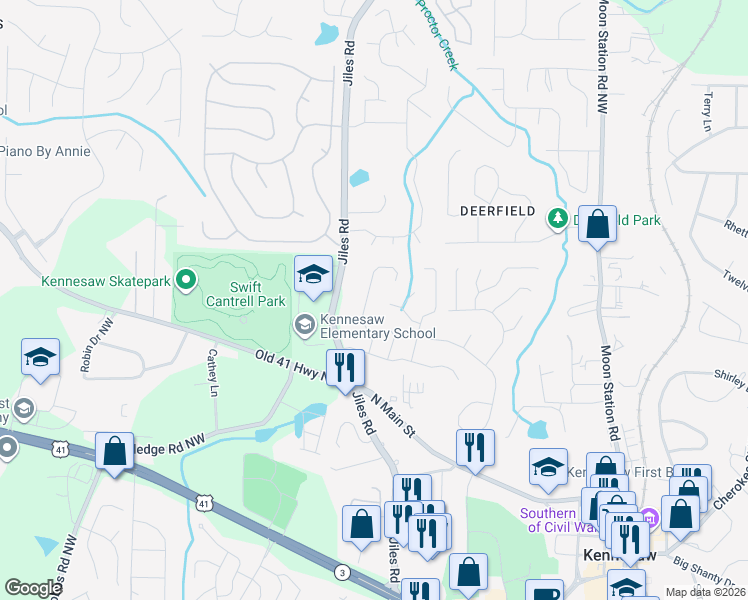 map of restaurants, bars, coffee shops, grocery stores, and more near 2353 Mountain Springs Place in Kennesaw