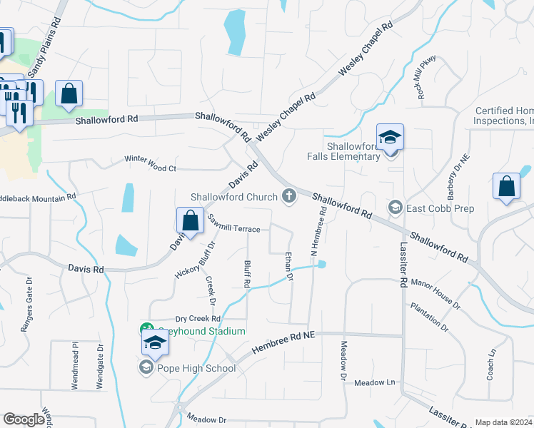 map of restaurants, bars, coffee shops, grocery stores, and more near 3341 Emory Drive in Marietta