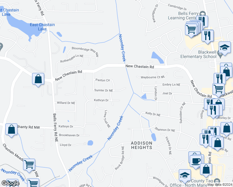 map of restaurants, bars, coffee shops, grocery stores, and more near 320 Sumter Drive Northeast in Marietta